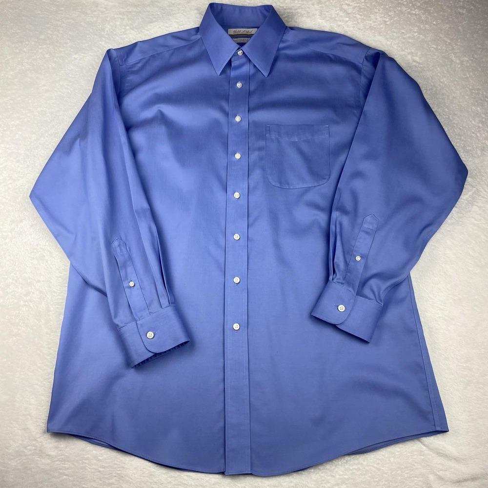Roundtree & Yorke Gold Label Dress Shirt Mens 16-35 Blue Cotton Dobby No Iron - Picture 5 of 9